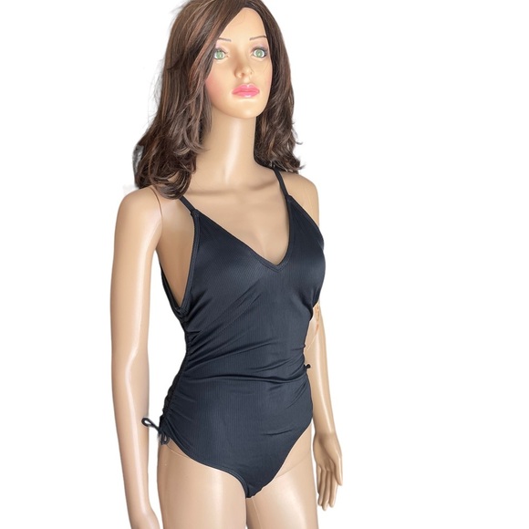 Tahiti Women's black Sexy Ruched Draw
String One Piece Swimsuit Size M - Picture 3 of 13